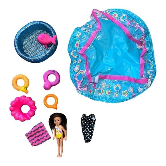 Barbie & Chelsea Pool Lot 9 Pieces Baby Pool Rafts Towel Swimsuit EUC - Picture 1 of 7